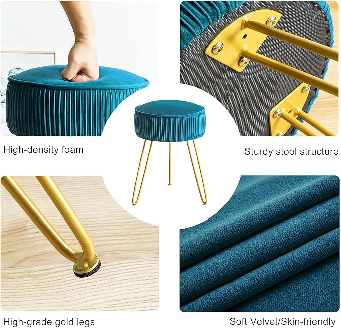 LUE BONA Pleated Vanity Stool, Velvet Upholstered Vanity for Makeup Room, Round Mondern Stool for Vanity, Ottoman Footrest with Metal Legs for Living Room, Bedroom, Peacock Blue