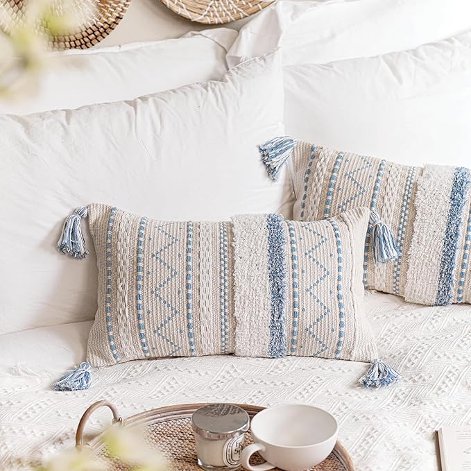BlissBlush 12x20 Lumbar Pillow Cover, Rectangular Blue Pattern Decorative Cushion Cover, Coastal Boho Accent Pillowcase with Tufted Pattern and Tassels for Couch Sofa Living Room (Cover Only)