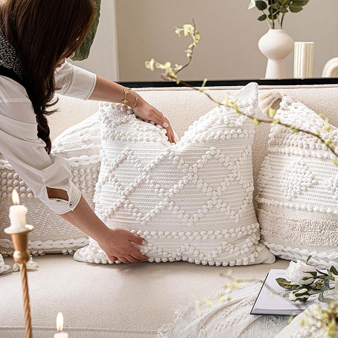 BlissBlush Pure White Decorative Throw Pillow Cover 20X20, Boho Accent Pillow for Couch, Square Modern Farmhouse Pillowcase for Living Room Couch Sofa Cushion Home Décor (Pack of 1)