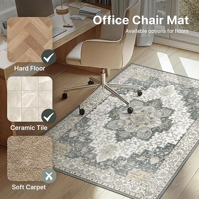 36"x48" Office Chair Mat for Hardwood Tile Floor, Under Desk Carpet Protector for Rolling Computer Chair Mat, Machine Washable Area Rug, Anti-Slip 1/5" Thick Low Pile Thin Vinyl Floor Mat, Grey