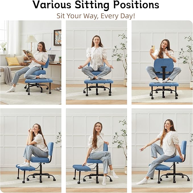 Ergonomic Criss Cross Legged Office Chair, ADHD Chair, 360° Swivel Meditation Kneeling Chair with Wheels, Adjustable Footrest, Bigger & Wider Height Adjustable Seat, Strong Lumbar Support, Bluecloth
