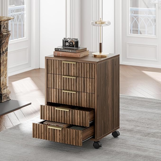 5 Drawer Chest, Under Desk Storage Wood Drawers with Wheels, Fluted File Cabinet for Home Office, Black Walnut