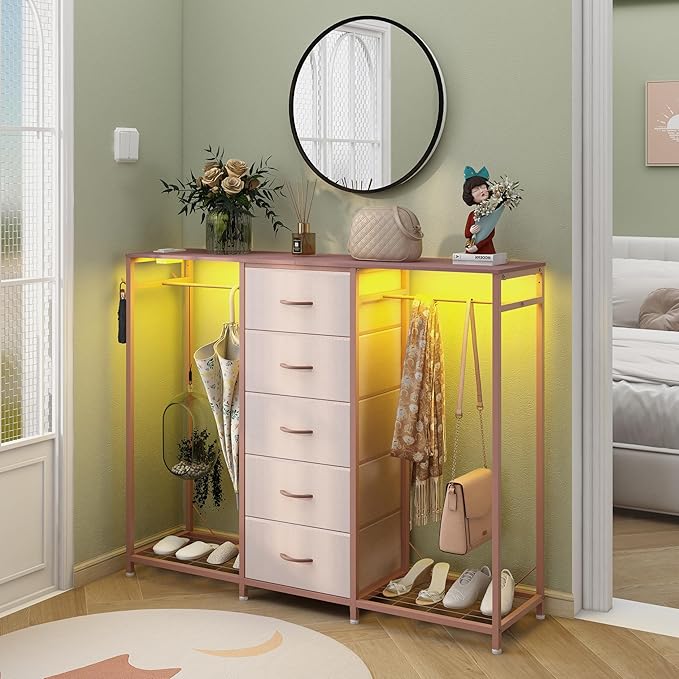 Espelism Dresser for Bedroom with Clothes Rack 5 Drawer Dresser with Charging Station LED Lights White Chest of Drawers Flexible Shelf and Open Storage Space for Bedroom Living Room (Pink)
