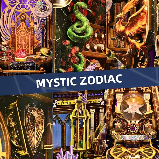 TOYQI Book Nook Kit, Book Nook Kits for Adults, DIY Miniature Dollhouse Kit 3D Wooden Puzzle Booknook Bookend with LED Light - Divination Fate Destiny 12 Constellation Zodiac Signs