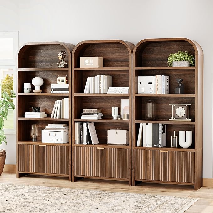 LEVNARY Arched Bookcase with Drawer, 70" Tall 5-Tier Bookshelf with Fluted Carved Drawer, Freestanding Display Storage Cabinet for Living Room Bedroom Home Office (Walnut)