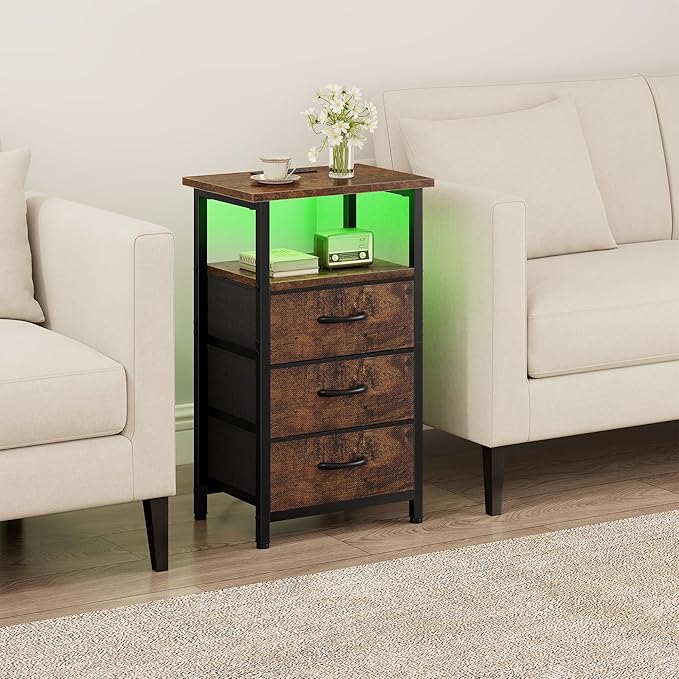 Vagusicc Night stand Set 2 with Charging Station, LED Nightstand for Bedroom, Bedside Table with 3 Fabric Drawer, End Table Side Table with USB Port & Outlets, Bed Side Table for Bedroom, Rustic Brown