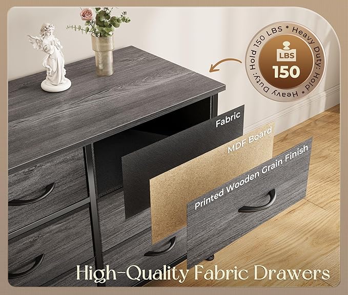 Huuger 77.6" Long Dresser for Bedroom, 16 Drawer Fabric Dresser for Closet, Wide Chest of Drawers with Storage, TV Stand for 65, 75, 85 Inch TV, 77.6" W x 12.9" D x 26.7" H, Grey