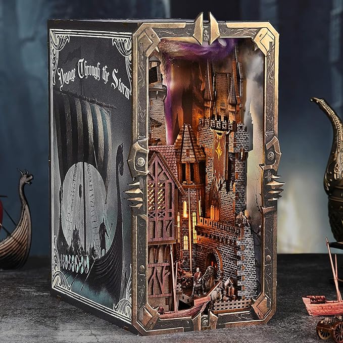 fifijoy Viking Book Nook Kit - DIY Miniature House Dollhouse Kit for Adults Teens, Booknook Tiny House Bookshelf Insert Decor 3D Wooden Puzzle, Gifts for Family, Friends (Voyage Through the Storm)