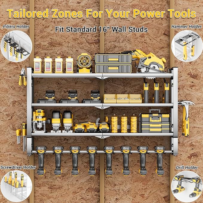 4 Layers Extra Tall Power Tool Organizer Wall Mount Loads 400lbs,Heavy Duty Metal Battery Tool Rack with 8 Cordless Drill Holders,Tool Storage Shelf For Workshop,Garage,Warehouse,Gifts for Men,Husband