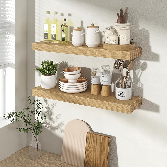 Acovy 24 Inch Floating Shelves for Wall 2 Pack, 24" Wall Shelves for Books, Storage, Decor, Wall Mounted Floating Shelf with Invisible Brackets for Kitchen, Living Room, Oak