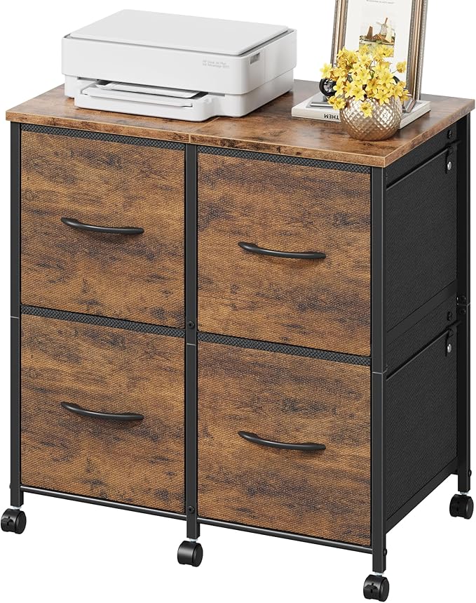 HIGDBFE 4 Drawer Lateral File Cabinet, Mobile Filing Cabinet for Large Printer, Home Office Functional Office Storage Cabinet & Printer Stand, Fits Letter/A4, Rustic Brown