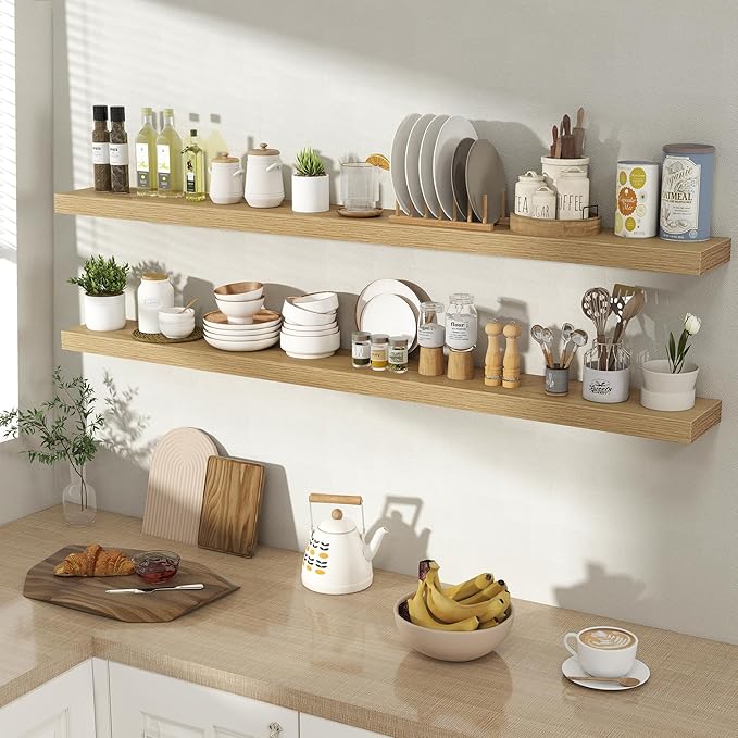 Acovy 55 Inch Floating Shelves for Wall 2 Pack, 55" Wall Shelves for Books, Storage, Decor, Wall Mounted Floating Shelf with Invisible Brackets for Kitchen, Living Room, Oak
