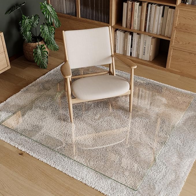 Koonmi Tempered Glass Chair Mat 48"x48" - Premium Office Chair Mat for Hardwood Floors & Low-Pile Carpet with 4 Non-Slip Pads - Thick Scratch-Resistant Surface