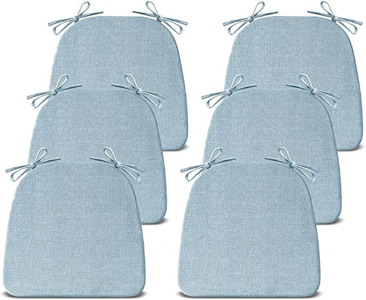 IASEAHK Chair Cushions for Dining Chairs Set of 6, Non Slip Kitchen Chair Pads, 17" x 16" x 2", Indoor Dining Chair Cushions with Ties, D-Shaped Seat Cushions for Kitchen Chairs, Light Blue