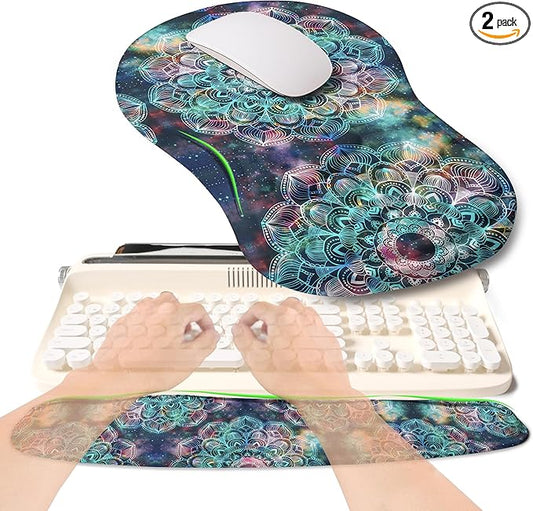 2-in-1 Ergonomic Set, Wave Rise Keyboard Wrist Rest and Massage Bulge Slope Mouse Pad Wrist Support, Cushion Memory Foam Integrated to Relieve Wrist Pain, Galaxy Mandala