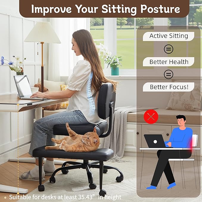 Ergonomic Criss Cross Legged Office Chair, ADHD Chair, 360° Swivel Meditation Kneeling Chair with Wheels, Adjustable Footrest, Bigger & Wider Height Adjustable Seat, Strong Lumbar Support, Black PU