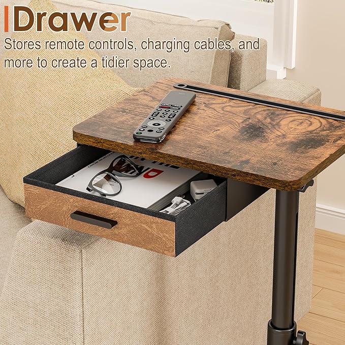 Simple Serenity TV Tray Table with Drawer & Swivel Top, Height Adjustable TV Tray for Eating on Couch, C Shaped End Table for Couch, Sofa Desk Couch Table for Bedroom & Living Room, Patent Pending