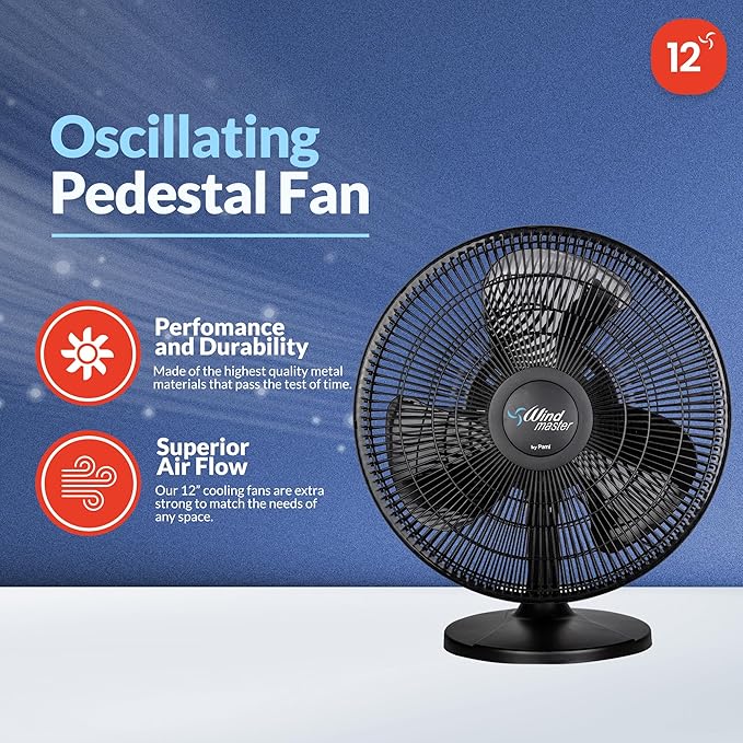 PAMI Oscillating Desk Fan - Portable Table Top Fan With 3 Speed Levels, Large Blades & Adjustable Tilt- Max Air Flow Office Desk Fan- Electric Cooling Fan For Bedroom Home Dorm Office (Black, 12'')