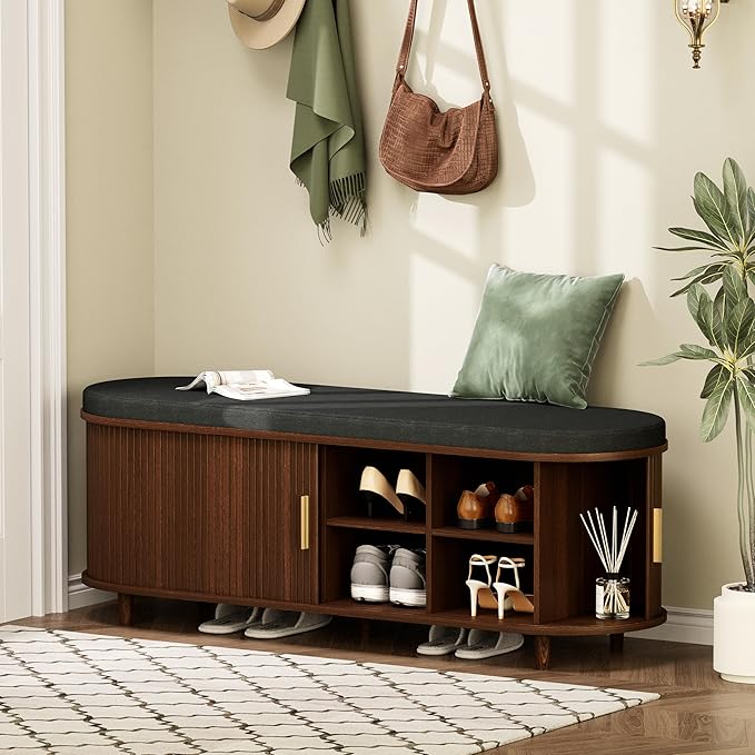 DHH 2-Tier Storage Bench,Wide Shoe Bench with Thickened Padded Seat Cushion, Mid Century Modern Fluted Sliding Door and Adjustable Shelf, for Entryway, Living Room, Bedroom (Walnut, 51.2”)