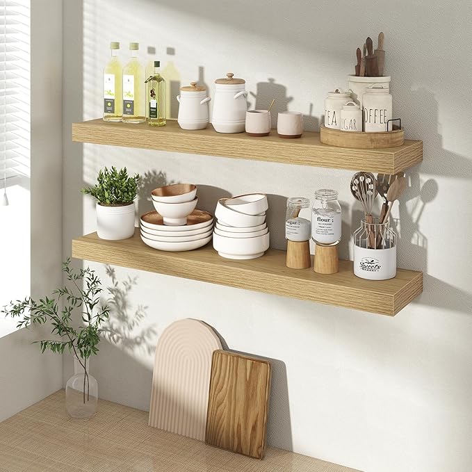 Acovy 30 Inch Floating Shelves for Wall 2 Pack, 30" Wall Shelves for Books, Storage, Decor, Wall Mounted Floating Shelf with Invisible Brackets for Kitchen, Living Room, Oak