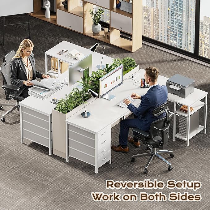 Huuger 55 Inch L Shaped Desk with Fabric Drawers, Reversible Computer Gaming Desk with Power Outlets and USB-C Port, Adjustable Side Storage Shelves, for Work Corner Home Office, White