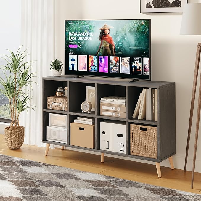 8-Cube Bookshelf 2 Tier Retro Bookcase with Legs, 11in Shelf Opening, 47" Wood Bookshelves Storage Organizer Shelf, Freestanding Open Book Shelves for Bedroom Living Room Office,Grey Oak