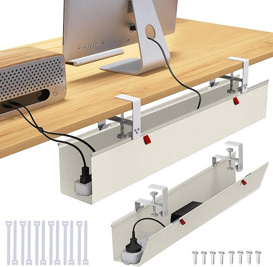 36" Under Desk Cable Management Tray for Home Office, No Drill Cord Organizer for Glass & Wood Table, Anti-Sag Oxford Fabric Wire Management Hider, Fits Surge Protector (Beige, 35.8")