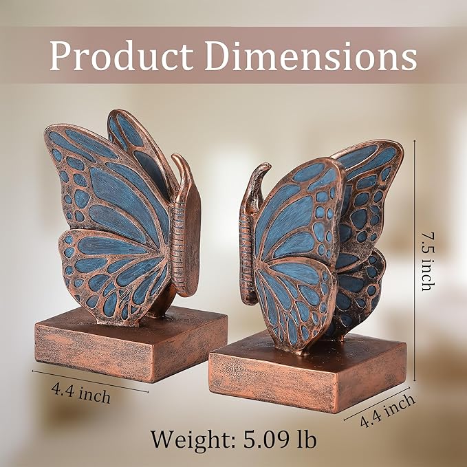 Blue Butterfly Bookends - Creative Book Stopper, Vintage Heavy Duty Book Ends, Decorative Bookends for Heavy Books