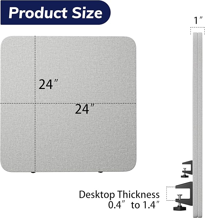 Desk Privacy Panel 24 x 24 Inch, Sound Absorbing & Proof Desk Divider for Office, Clamp-on/Screw-on Acoustic Desk Back Panel Partition, Gray