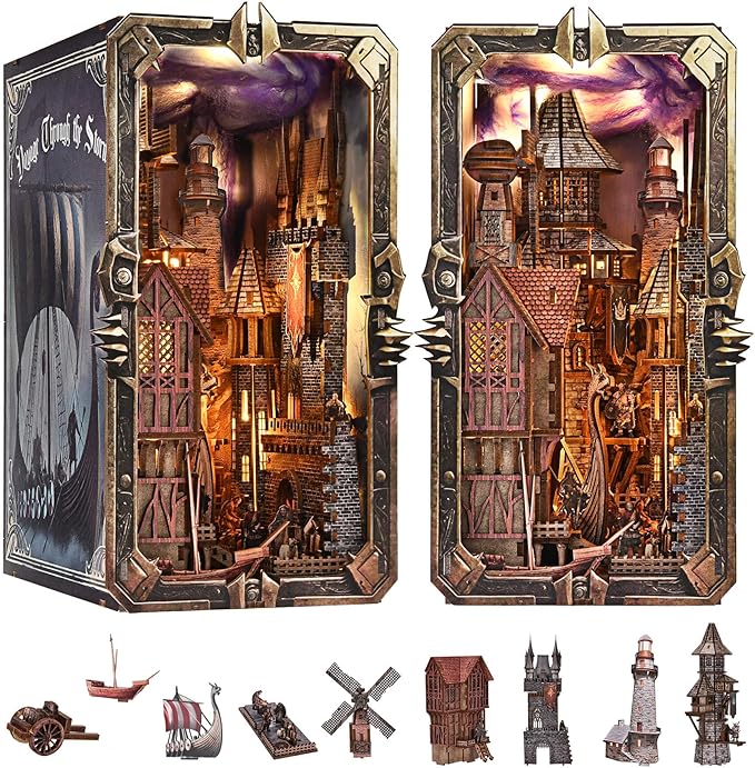 fifijoy Viking Book Nook Kit - DIY Miniature House Dollhouse Kit for Adults Teens, Booknook Tiny House Bookshelf Insert Decor 3D Wooden Puzzle, Gifts for Family, Friends (Voyage Through the Storm)