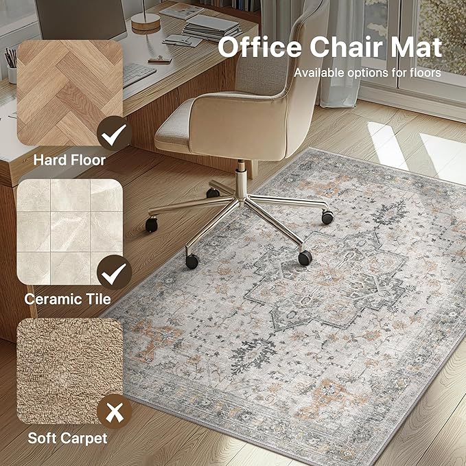 46"x60" Office Chair Mat for Hardwood Tile Floor, Under Desk Carpet Protector for Rolling Computer Chair Mat, Machine Washable Area Rug, Anti-Slip 1/5" Thick Low Pile Thin Vinyl Floor Mat, Taupe