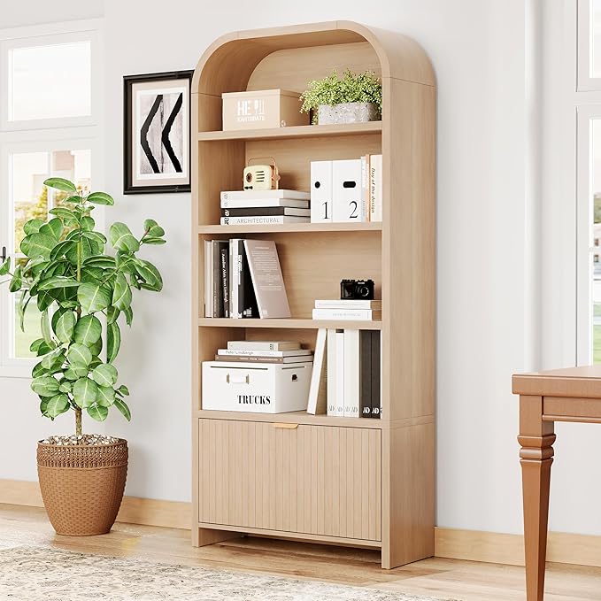 LEVNARY Arched Bookcase with Drawer, 70" Tall 5-Tier Bookshelf with Fluted Carved Drawer, Freestanding Display Storage Cabinet for Living Room Bedroom Home Office (Natural)