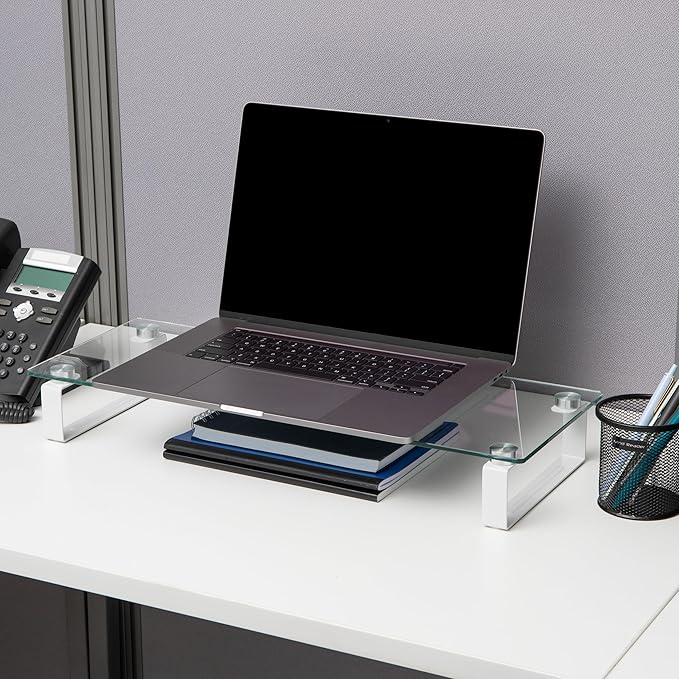 Mind Reader Monitor Stand, Contemporary, Desktop Organizer, Laptop Riser, Office, Glass, Clear