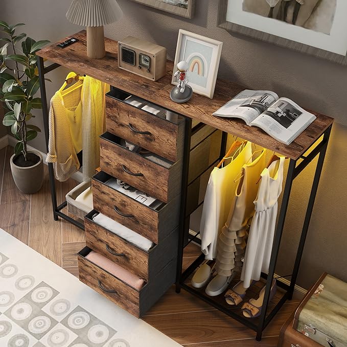 Espelism Dresser for Bedroom with Clothes Rack 5 Drawer Dresser with Charging Station LED Lights White Chest of Drawers Flexible Shelf and Open Storage Space for Bedroom Living Room (Brown)