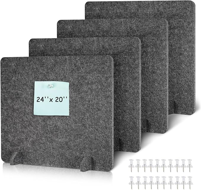 DOLLAR BOSS 4PCS Acoustic Desk Dividers 24" x 20", Soundproof Freestanding Privacy Panels for Table, Noise Reducing Desktop Partition for Office, Home, Classroom, Study Area with 20 Pushpins, Grey