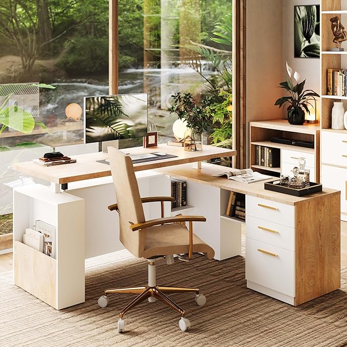 ModernMate 63" Standing Desk with File Cabinet, Privacy Panel, AC/USB, 1.18" Desktop, Executive L Shaped Height Adjustable Electric Stand Up Desk, Home Office Table with 3 Drawers, Light Walnut