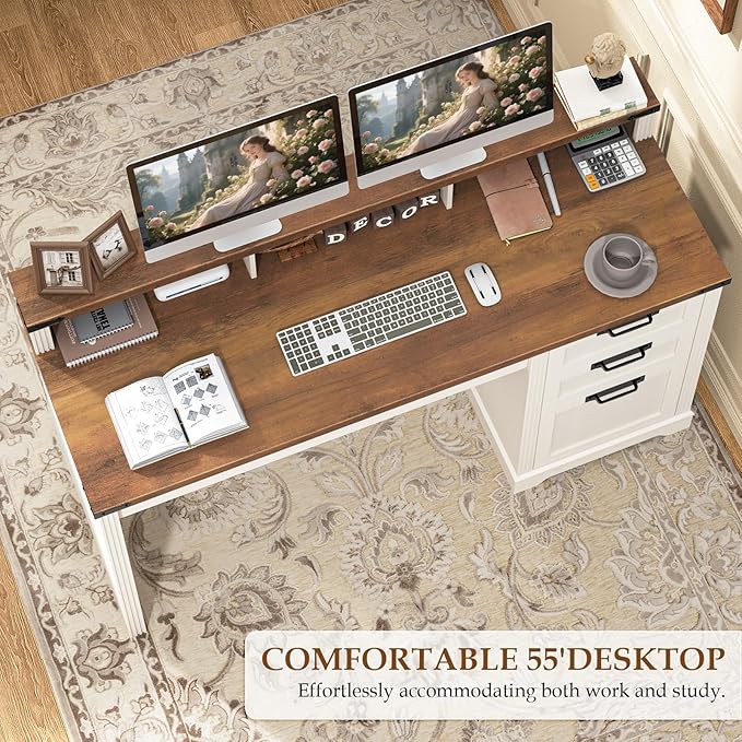 Vabches 55" Farmhouse Executive Desk with 3 Drawers, Wooden Computer Desk with Keyboard Tray, Home Office Desk with File Drawer (Fits A4 Size) for Work and Study, White and Brown