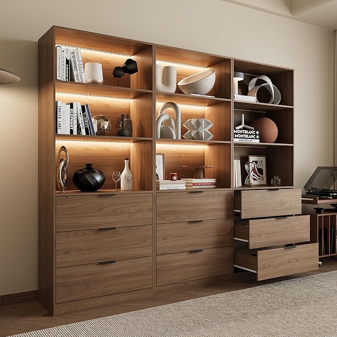 Mekminop 3PCS Lighted Bookshelf and Bookcase, 5-Tier Modern Bookshelves with 3 Large Drawers, Display Cabinet with Lage Storage Shelves for Home Office