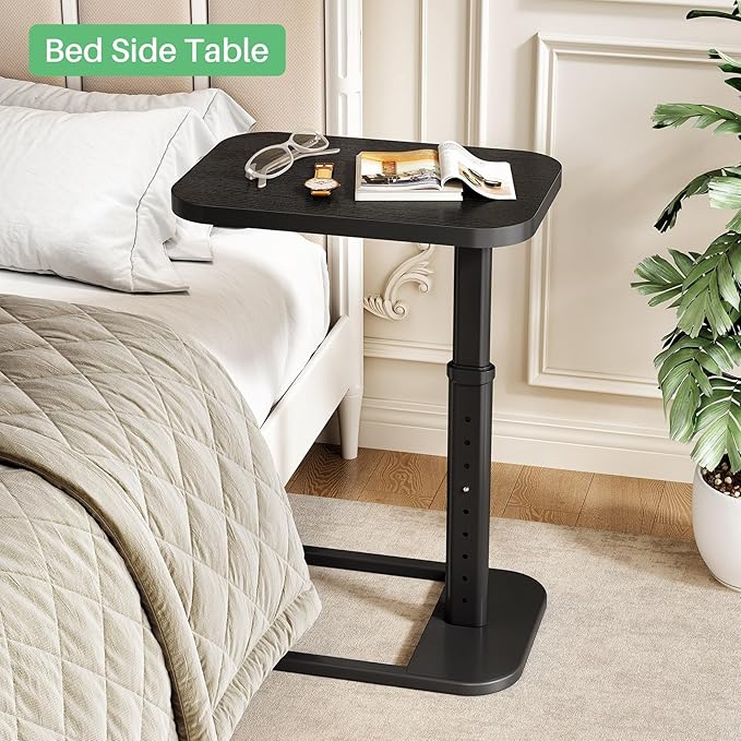 Kitstorack Adjustable Height C-Shaped End Table, 9-Level Side Table with Metal Rounded Edge, Couch Table that Slides Under Sofa or Bed for Eating, Working, and Drinks, TV Tray for Small Spaces, Black