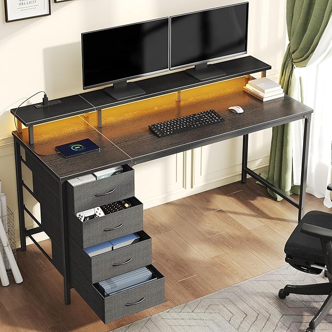 DUMOS 40 Inch Computer Desk with 4 Drawers,4 Drawer Gaming Desk with Power Outlets and LED Lights,Office Desk for Small Spaces with Monitor Shelf,Writing Desk for Home Office, Bedroom,Study,Black