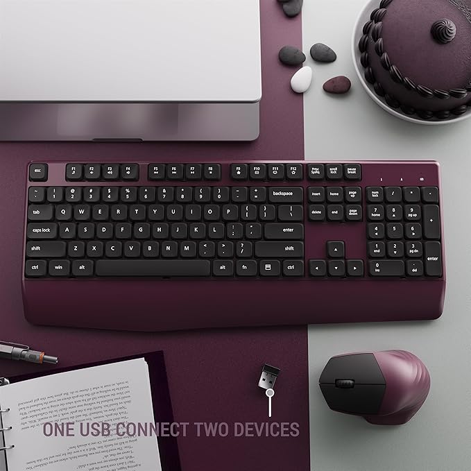 MPTOG Ergonomic Keyboard and Mouse Combo with Wrist Rest, BK Chipset, Full-Size Colorful Office Keyboard and Mouse, Power Button, USB Receiver for PC Laptop (Claret)