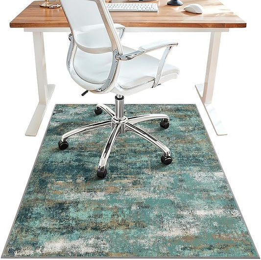 48"x60" Office Chair Mat for Hardwood Tile Floor, Under Desk Carpet Protector for Rolling Computer Chair Mat, Machine Washable Area Rug, Anti-Slip 1/5" Thick Low Pile Thin Vinyl Floor Mat, Teal Blue
