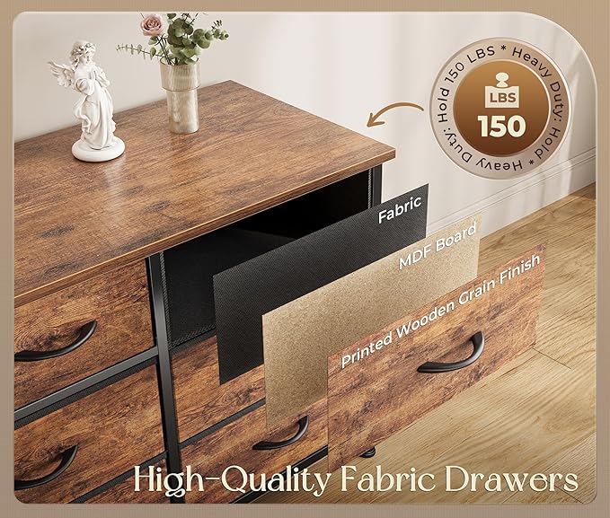 Huuger 77.6" Long Dresser for Bedroom, 16 Drawer Fabric Dresser for Closet, Wide Chest of Drawers with Storage, TV Stand for 65, 75, 85 Inch TV, 77.6" W x 12.9" D x 26.7" H, Rustic Brown