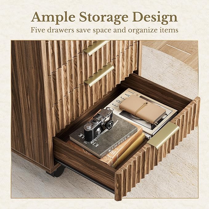 9 Drawer File Cabinet, Wooden Office Cabinet with Drawers, Fluted Storage Filing Drawer for Home Office, Black Walnut