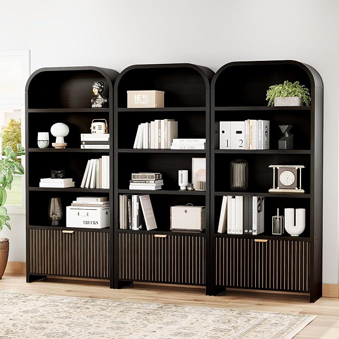 LEVNARY Arched Bookcase with Drawer, 70" Tall 5-Tier Bookshelf with Fluted Carved Drawer, Freestanding Display Storage Cabinet for Living Room Bedroom Home Office (Black)