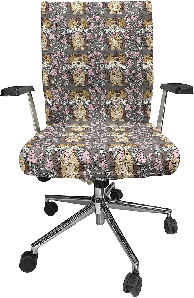 Ambesonne Dog Lover Office Chair Cover, Doodle Pattern of Puppy with Bone and Hearts, Stretchable Decorative Universal Size High Back Printed Slipcover, Taupe Grey