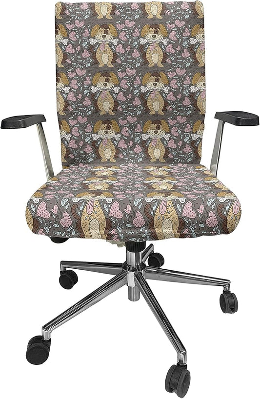 Ambesonne Dog Lover Office Chair Cover, Doodle Pattern of Puppy with Bone and Hearts, Stretchable Decorative Universal Size High Back Printed Slipcover, Taupe Grey