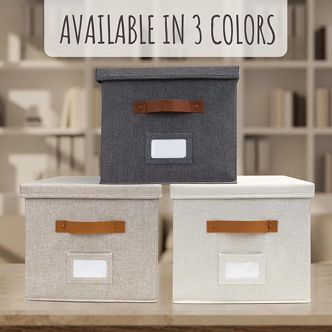 ZICOTO Decorative File Organizer Box Set of 2 - Collapsible Linen Filing Cabinets with Handles Are Perfect to Store All Your Documents & Hanging File Folders - Portable Easy Slide Crates with Lid