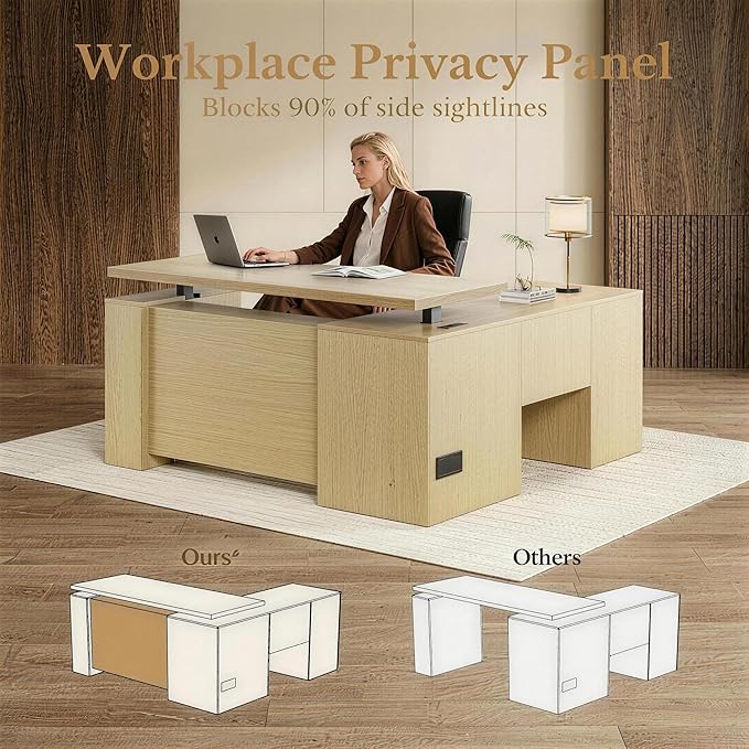 63 Inches L Shaped Standing Desk, Executive Standing Desk with Drawers and File Cabinet, AC/USB, 1.18" Desktop, Multi-sized Storage Cubby, Privacy Panel, Fluted Computer Desk, Light Walnut