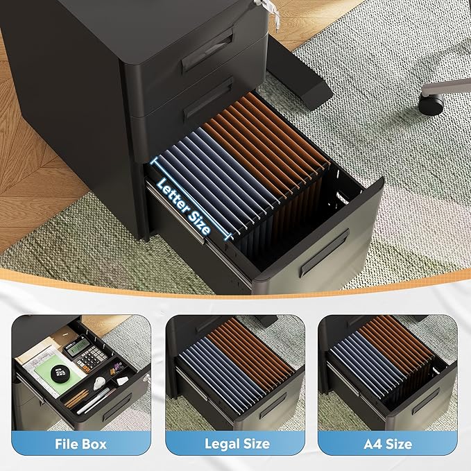 DEVAISE 3 Drawer File Cabinet with Lock, Under Desk Metal Filing Cabinet with Wheels for Home Office Organizer Letter/Legal/A4, Fully Assembled Except Casters, Black